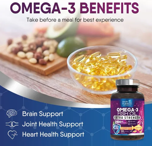 Miniatura 7 de Suplementos de aceite de pescado Omega 3 – 2400 mg de aceite de pescado por porción – Omega-3 de triple fuerza con ácidos grasos EPA y DHA – Apoyo