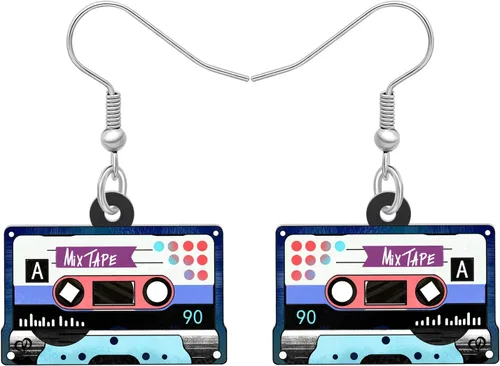 Miniatura 6 de Aretes de cinta de casete nostálgicos de los años 80 y 90 de acrílico cuelgan música clásica joyería de audio para mujeres, regalos