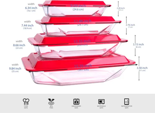 Miniatura 2 de Juego de 8 bandejas de vidrio templado para hornear con tapas sin bisfenol A. Apto para horno, microondas, refrigerador y lavavajillas, 0.8L, 1.5L