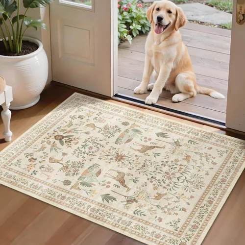 Miniatura 37 de Alfombra de área de 5 x 7 pies para sala de estar, alfombra verde boho antideslizante lavable, alfombra vintage de pelo bajo, alfombra grande