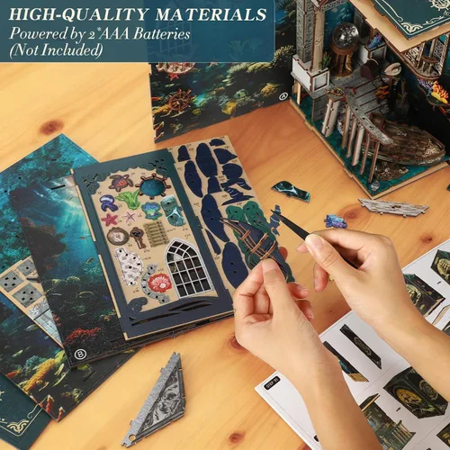 Miniatura 5 de Kits de rincón de libro para adultos, rompecabezas 3D misterioso del océano con LED, diorama de naufragio pirata y decoración de conchas marinas