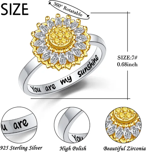 Miniatura 5 de Anillos giratorios de plata de ley S925 para ansiedad, preocupación, aliviar el aburrimiento, TDAH, autismo, banda para mujeres y adolescentes