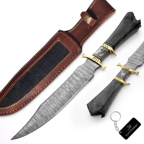 Cuchillos Bowie de 16" de caza hechos a mano con funda de piel, cuchillo Bowie de hoja fija de acero de Damasco forjado a mano, mango de hueso de