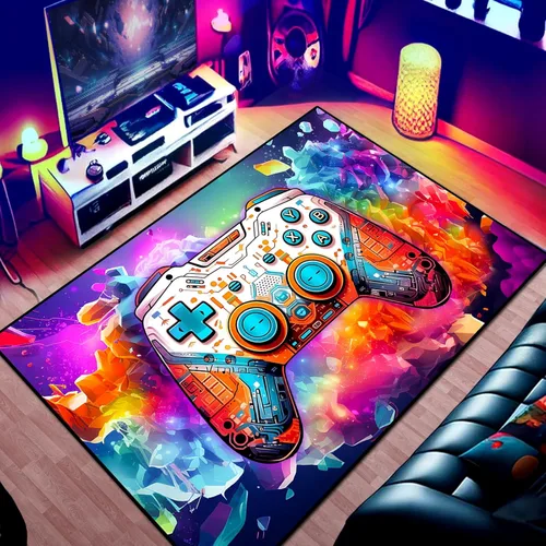 Miniatura 14 de Alfombra de área de juego para adolescentes, alfombra de 3D transparente con diseño de gamepad y controlador de juego de fondo de bomba colorida