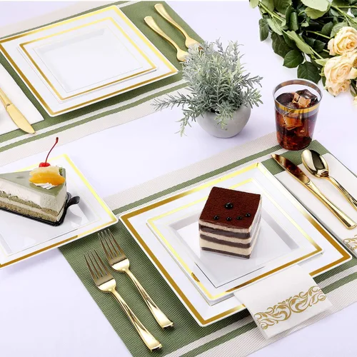 Miniatura 5 de FOCUSLINE Juego de vajilla desechable de 350 unidades para 50 invitados, platos cuadrados de plástico resistentes con borde dorado, incluye 50 Juego