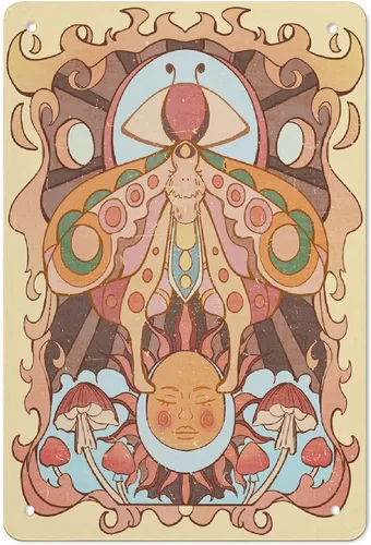 AMOGHASIDDHI Cartel de metal hippie con polilla y sol, póster de metal vintage de aluminio, 8 x 12 pulgadas, letrero de pintura impresa, decoración