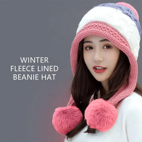 Miniatura 3 de FSIGOM Gorros de punto gruesos de invierno para mujer versión coreana grande con pompones de piel orejeras cálidas de lana con protección