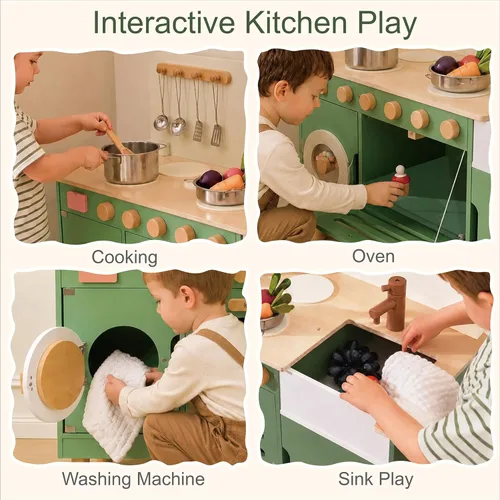 Miniatura 2 de Cocina de madera para niños con lavadora 2 en 1 Montessori Juego de juego de simulación con fregadero y horno, regalo para niños y niñas a partir