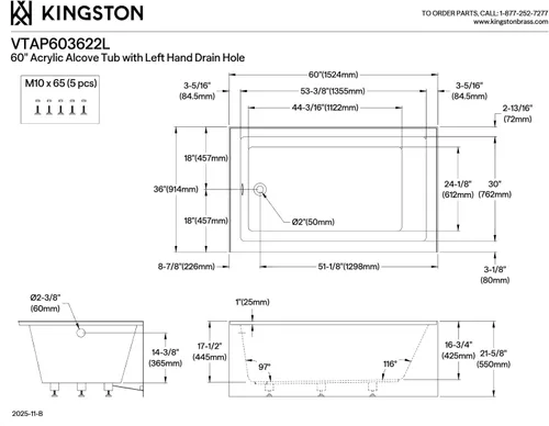 Miniatura 10 de Kingston Brass Aqua Eden VTAP603622L - Tina de alcoba de acrílico de 60 pulgadas con desagüe a la izquierda, blanca