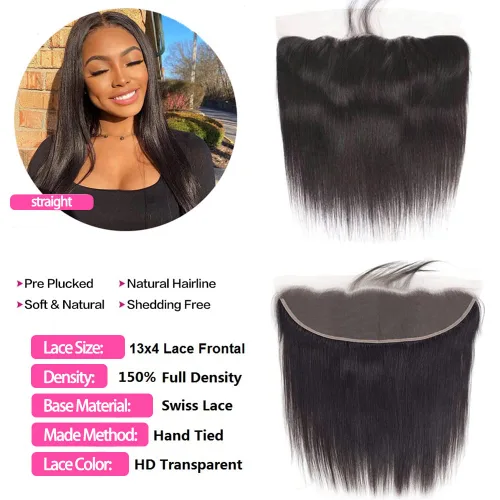 Miniatura 3 de Cierre frontal de encaje HD de 13x4, 10 pulgadas, cabello humano liso con encaje frontal, cabello virgen brasileño 100% sin procesar, de oreja a
