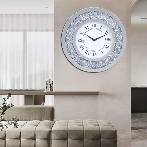 Miniatura 4 de Reloj de pared grande con espejo plateado brillante brillante brillante con diamantes para decoración de pared, espejo de cristal plateado
