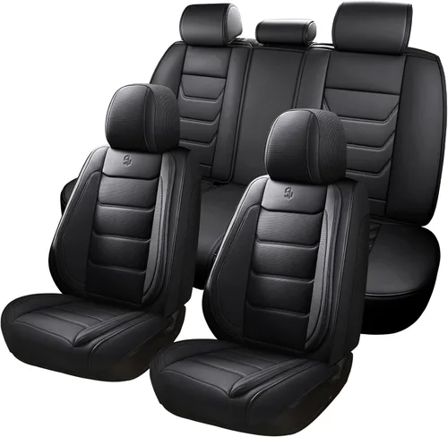 Miniatura 8 de Juego completo de fundas de asiento de automóvil de piel sintética de cobertura completa, fundas de asiento para automóviles, SUV, camionetas Negro