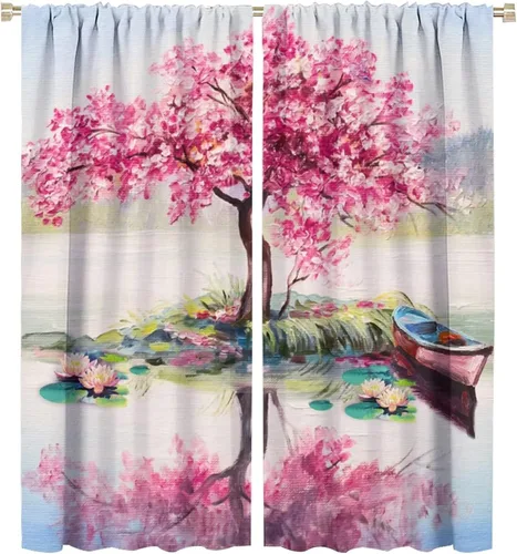 Miniatura 25 de Cortinas opacas con diseño floral de galaxia azul abstracta para dormitorio, cortinas de ventana de teñido anudado con diseño de flor de cerezo