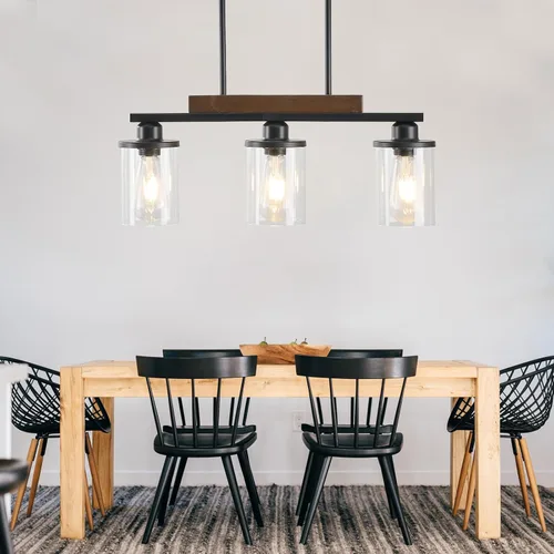 Miniatura 8 de Lámpara de comedor,Lámpara de cocina de 3 luces para iluminación de granja, iluminación colgante industrial de madera de metal negro mate,Luces