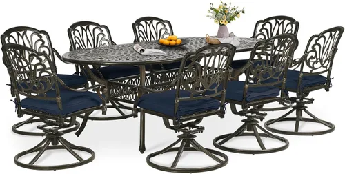 Miniatura 13 de Juego de comedor de patio de 9 piezas, mesa y sillas de patio al aire libre, mesa de comedor ovalada de aluminio fundido de 84 pulgadas con agujero