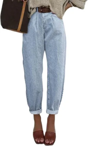 EVALESS Pantalones de mezclilla holgados para mujer, de cintura alta, elásticos, estilo boyfriend, pantalones de mezclilla al tobillo
