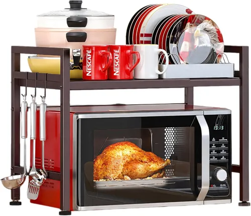 Miniatura 12 de PUSDON Estante para horno microondas negro texturizado, organizador de encimera de cocina expandible de 2 niveles, soporte de acero al carbono