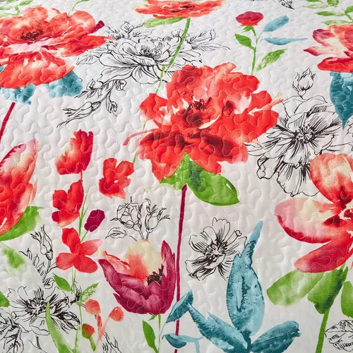 Miniatura 5 de UOZZI BEDDING - Juego de colcha reversible de 3 piezas, tamaño king, diseño floral, color blanco, rojo, verde y multicolor, suave microfibra ligera