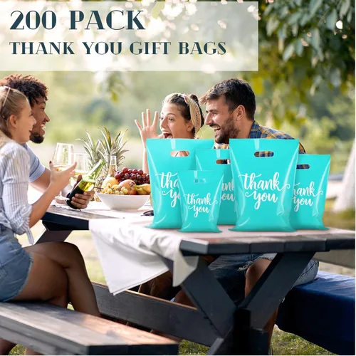 Miniatura 6 de Eersida 200 piezas de bolsas de plástico con asas para agradecimiento, bolsas de compras de plástico troqueladas al por mayor, 3 tamaños, paquete al