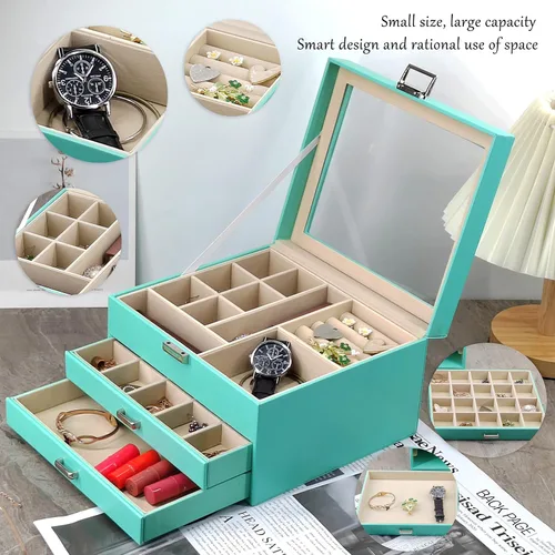 Miniatura 3 de BOOVO Clear Lid Jewelry Box For Girl,3 Layers Jewelry Organizer boxes For Women Turquoise Earring Jewelry Box For Girl Necklace Ring Bracelet