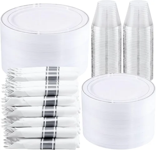 Miniatura 10 de WELLIFE 350 platos de plástico dorado transparente, 100 platos desechables, 150 cubiertos de plástico, 50 tazas, 50 servilletas para bodas y fiestas