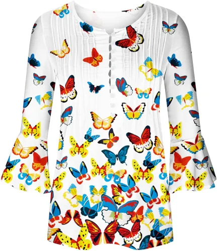 Miniatura 41 de Ceboyel Blusa tipo túnica con estampado floral para mujer, con botones, estilo Henley, con manga de codo, casual, trajes de moda para mujer