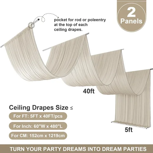 Miniatura 6 de Cortina de techo beige de 10 x 40 pies para fiestas de boda – 2 paneles sin arrugas de 40 pies de largo cortinas drapeadas para bodas, cumpleaños