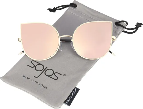 SojoS SJ1022 anteojos de sol con lentes lisos y espejados con forma de ojos de gato, con marco de metal liviano y ultradelgado, para mujer