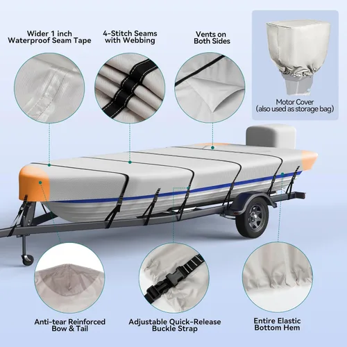 Miniatura 6 de Cubierta de barco Jon de 5 capas 1200D de 14 pies a 16 pies con cubierta de motor, 100% impermeable para remolques Jon Boat cubre 14-16 pies con 9+4