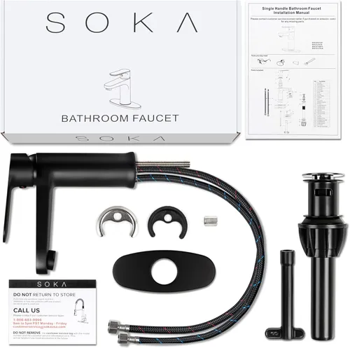 Miniatura 7 de SOKA - Grifo de baño de latón negro mate con tapón de desagüe emergente y placa de cubierta - Grifo monomando para RV con 1 o 3 agujeros