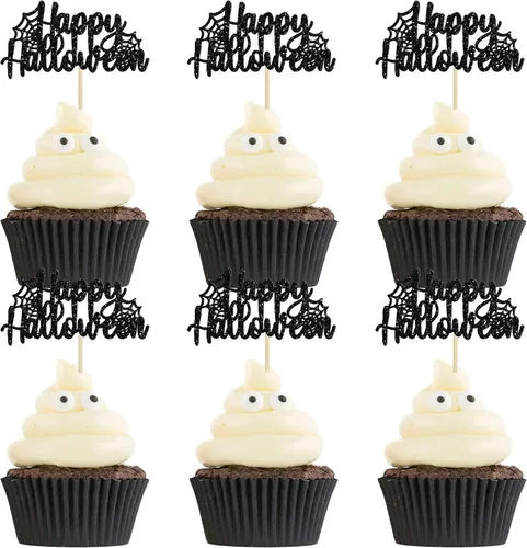 Miniatura 12 de Ephlyn 24 adornos negros para cupcakes con temática de Halloween, baby shower, niños, fiesta de cumpleaños, suministros de decoración de pasteles