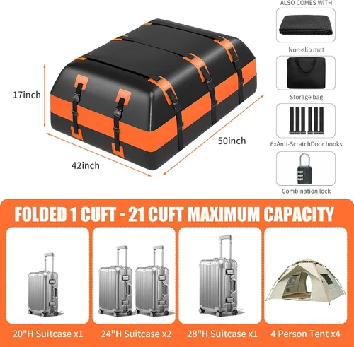 Miniatura 2 de Bolsa de carga impermeable de 21 pies cúbicos para techo de automóvil, resistente 840D, con alfombrilla antideslizante, bloqueo de equipaje, 6