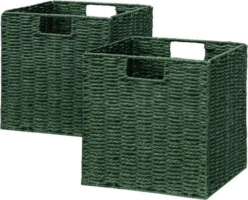 Miniatura 16 de VAGUSICC - Canastas de almacenamiento tejidas a mano, juego de 2, con asas, plegables, tipo cubo, de 13 pulgadas, grandes, de mimbre, para estantes