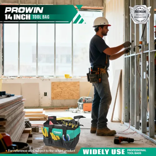 Miniatura 3 de Prowin Bolsa de herramientas de 14 pulgadas, organizador de herramientas con múltiples bolsillos con parte inferior impermeable de plástico, bolsa