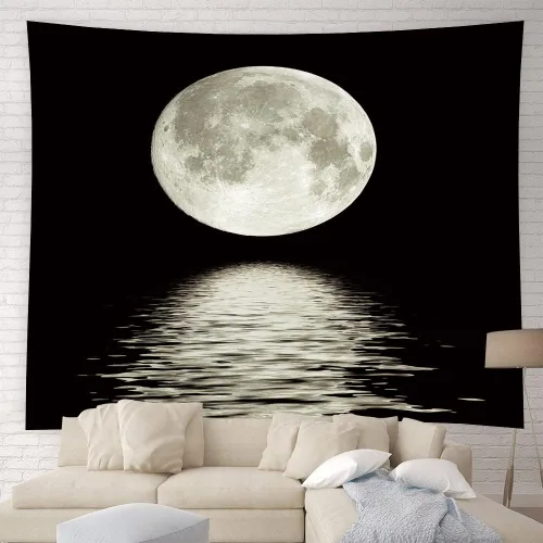 YSATNSFT Tapiz de luna llena sobre océano cielo nocturno estrellado 3D, fantasía, decoración del hogar, manta de pared para dormitorio, sala de