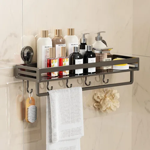 Soporte de ducha con ventosa, estante de ducha de succión de 11.8 pulgadas con ganchos, soporte de baño sin perforación, organizador de baño a