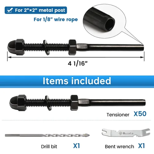 Miniatura 39 de Muzata Paquete de 10 accesorios de barandilla de cable negro de 1/8 pulgadas, tensor roscado a mano para poste de metal de 2 x 2 pulgadas, sistema