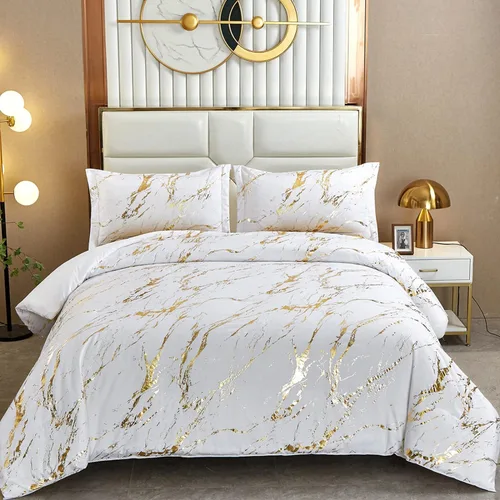 Miniatura 13 de WONGS BEDDING Juego de edredón de mármol metálico negro dorado Queen con estampado de lámina brillante y purpurina, juegos de ropa de cama con 2