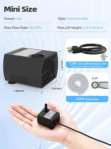 Miniatura 3 de Mini bomba sumergible de 80 GPH (300 L/H, 4 W), bomba de fuente pequeña con manguera de 4.9 pies para función de agua, acuarios, pecera, fuente
