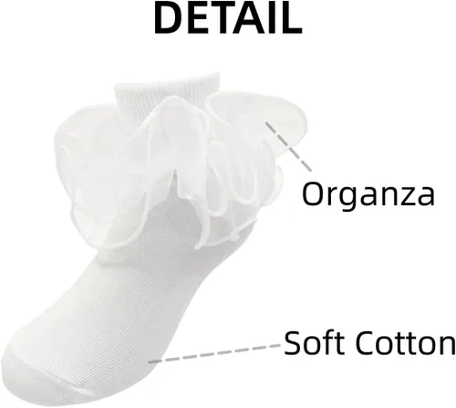 Miniatura 2 de 2 pares de calcetines con volantes de encaje doble para niñas, calcetines de encaje blanco princesa para niñas pequeñas