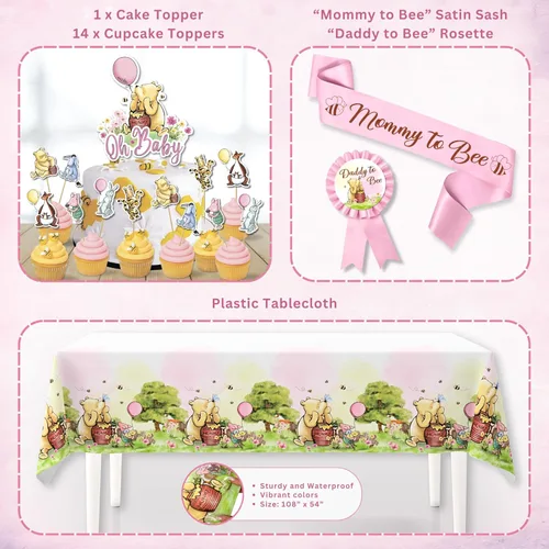 Miniatura 11 de Decoración de Baby Shower Winnie en Rosa – Globos de Winnie the Pooh, Telón de Fondo, Bandera de Bienvenida al Bebé, Mantel, Adornos para Pastel
