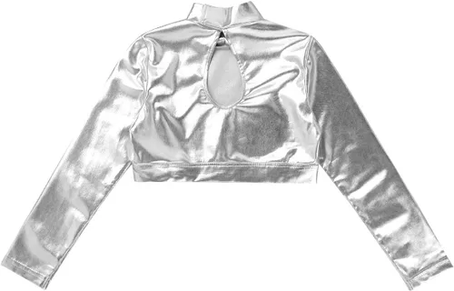 Miniatura 4 de TiaoBug Camiseta corta de manga larga con cuello alto falso para niñas y niñas, atlética, brillante, metálica, para danza, camiseta deportiva lisa