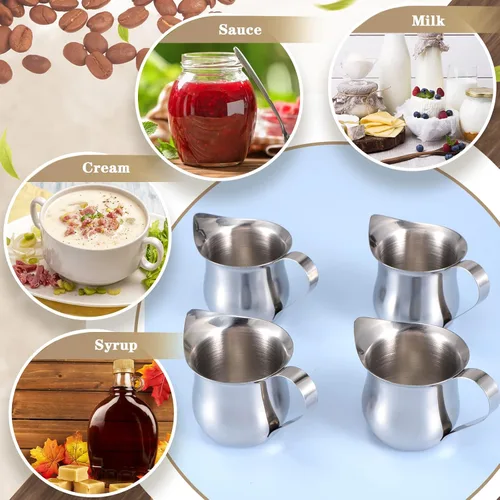 Miniatura 5 de Honeydak - 4 jarras de crema de 3 onzas pequeñas de acero inoxidable, dispensador de crema, mini jarra con mango para café, leche, salsas, ensalada