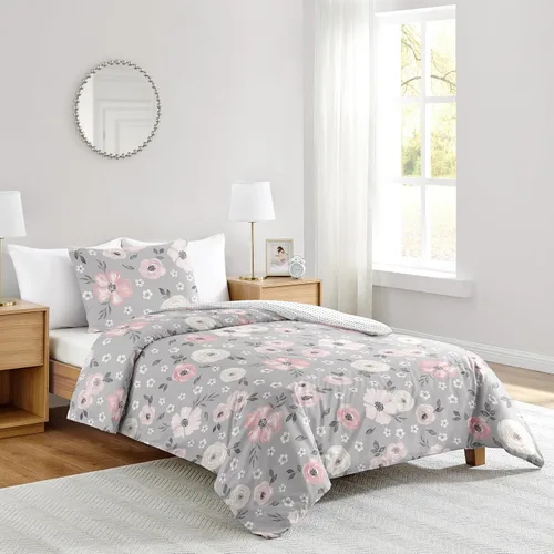 Sweet Jojo Designs Juego de edredón individual de 2 piezas (gris acuarela floral) para niñas, adolescentes y niños, ropa de cama en una bolsa con