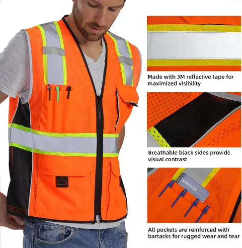 Miniatura 2 de Dib Safety - Chaleco reflectante de alta visibilidad con bolsillos de malla, cremallera y hecho con cinta 3M Naranja