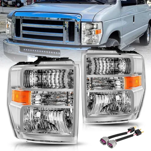 Conjunto de faros BRYGHT Compatible con [Todos los modelos] 08-14 Ford E150 E250 08-21 E350 E450 Super Duty Faros de repuesto con carcasa cromada y