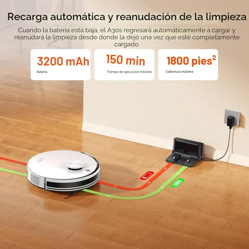 Miniatura 9 de ILIFE Aspiradora robot A30s, aspiradora robótica de succión máxima de 10000 Pa con navegación LiDAR, mapeo del hogar, zona prohibida, 150 minutos
