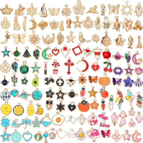Miniatura 8 de SANNIX 220 dijes de pulsera chapados en oro surtidos esmaltados para collares, pulseras y aretes, dijes para manualidades y fabricación de joyas