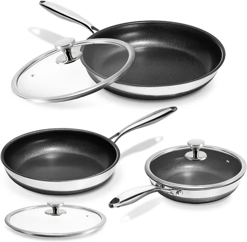 KOKHUB Sartenes antiadherentes con tapas, 8", 10", 12", juego de sartenes de acero inoxidable de tres capas de cerámica de titanio, no tóxico, libre