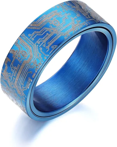 Miniatura 12 de Anillo de patrón de placa de circuito de computadora de 0.315 in negro/plata/azul/oro - Spinner Fidget Alivio de la ansiedad Anillo de acero
